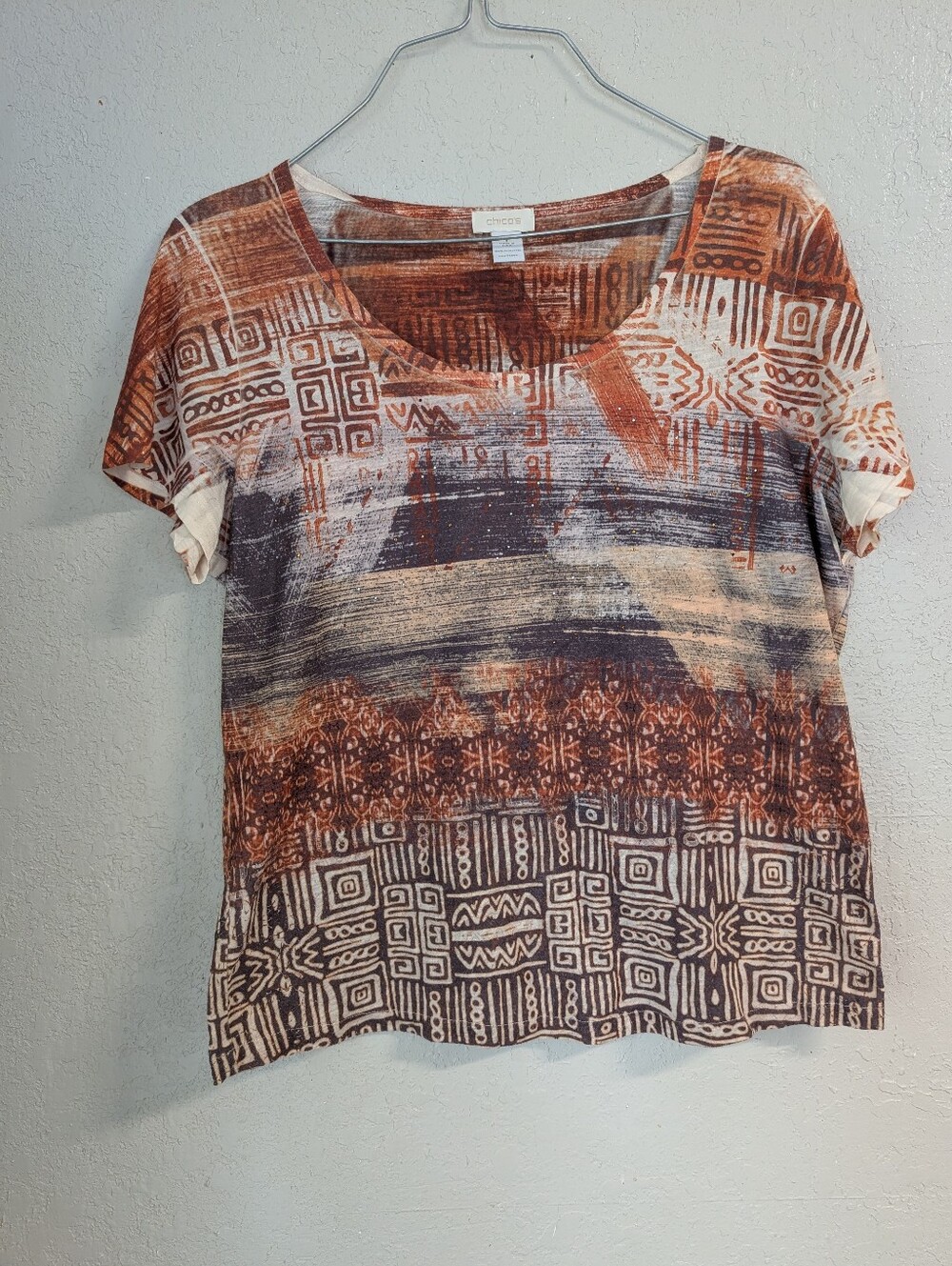 Chico's Abstract Geo Print Top 1 Brown Bling Boho Earthy Aztec Hippie Studded